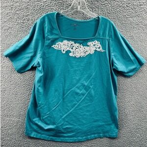 Women Knit Tee Top L Embroidered Lace Coquette Cottage Casual Everyday Soft Girl
